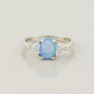 Sterling Silver Blue Opal and Cubic Zirconia Ring Size 6 1/4